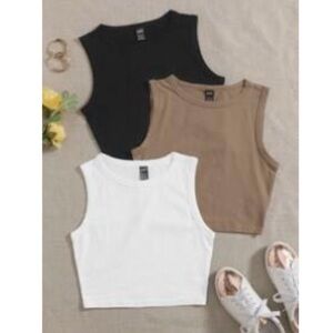 Set of 2 Round Neck Sleeveless Crop Tank Tops, Sz Large, White, and Tan